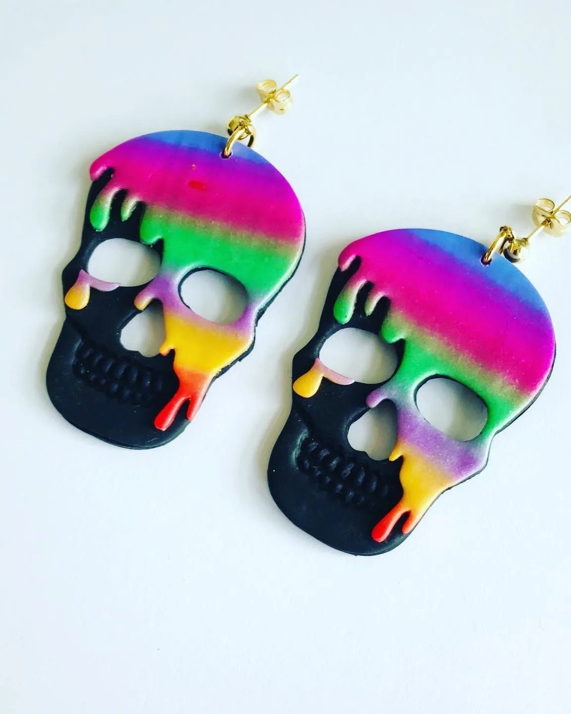 Rainbow Drip Skull Statement Earrings