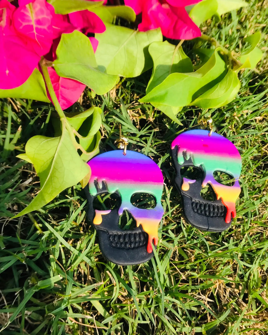 Rainbow Drip Skull Statement Earrings